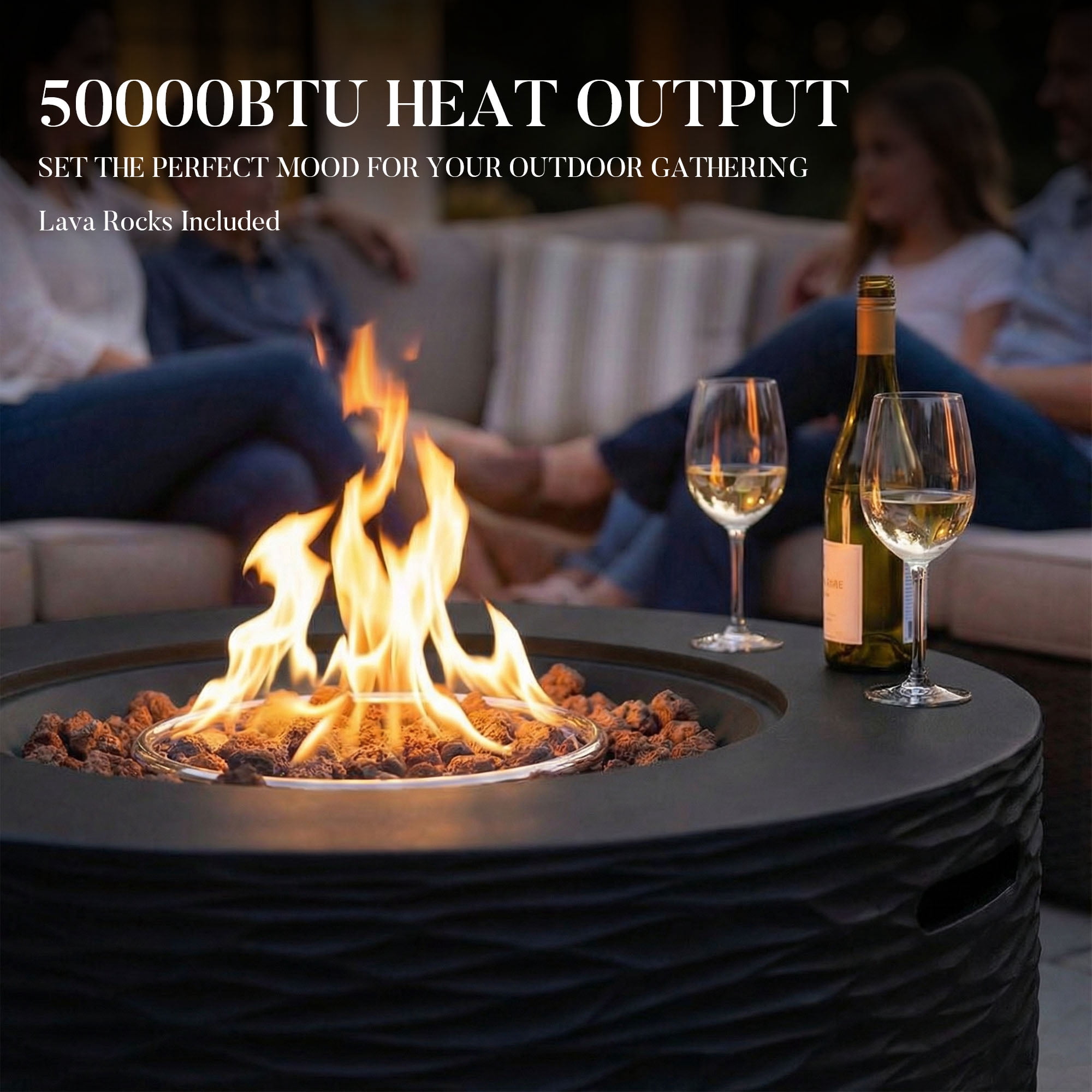 MOALCOFER 35" Round Propane Fire Pit,Outdoor Gas Fire Pit Table Water Ripple Design,Black