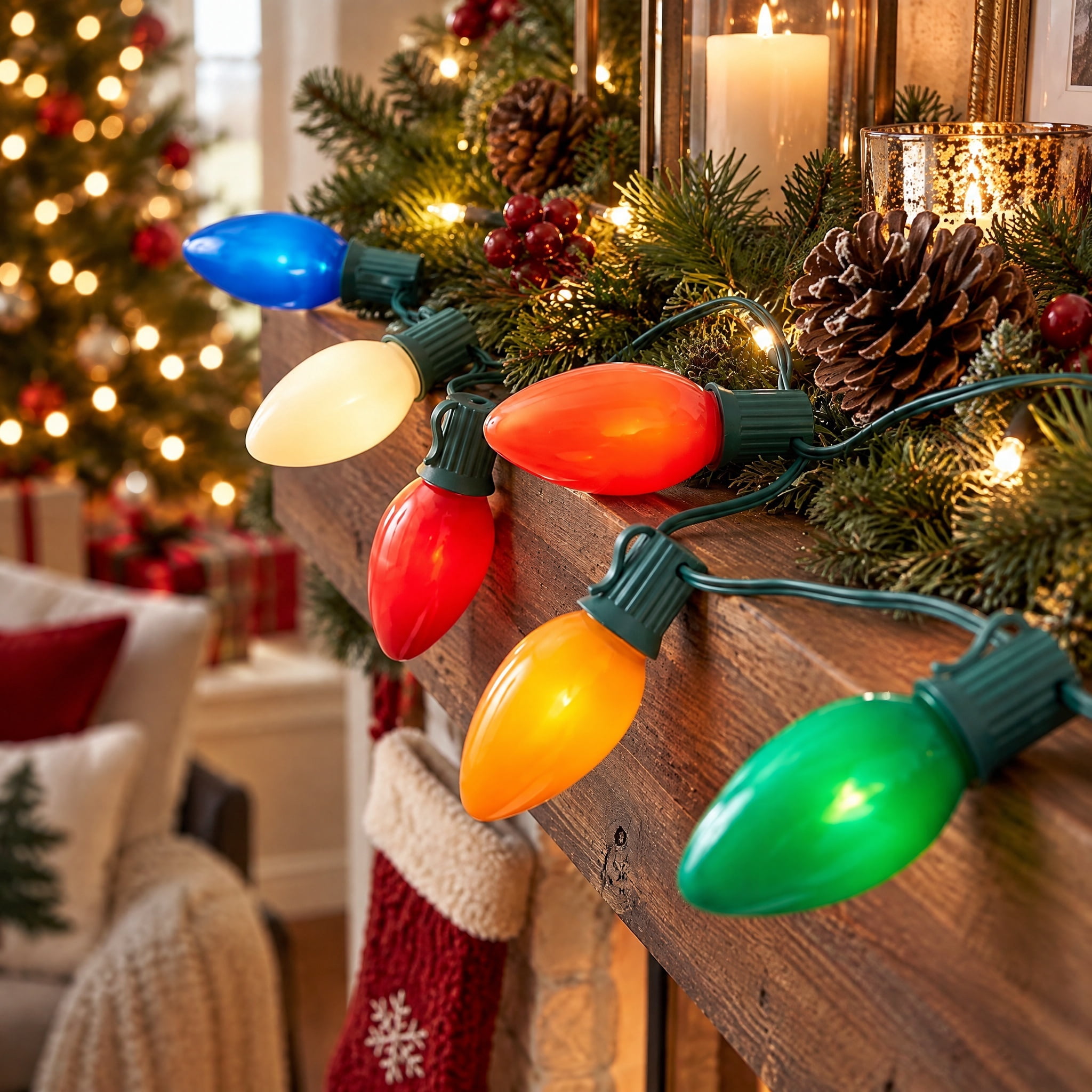 Indoor/Outdoor 25-Count LED Extra Bright Vintage-Style C9 Christmas String Lights, Ceramic Multicolor, Green Wire, 14', by Holiday Time