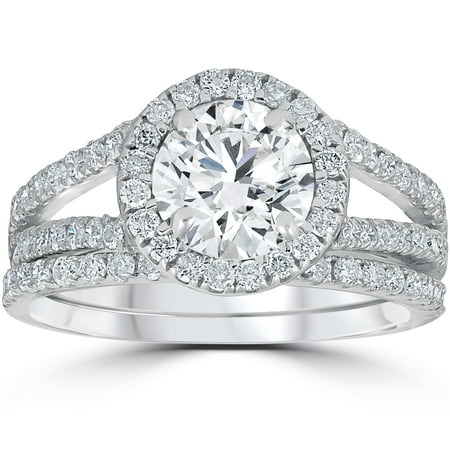 Pompeii 1 3/4ct Halo Diamond Engagement Ring Splt Shank Ring Set 14K White Gold (JK,I2-3)