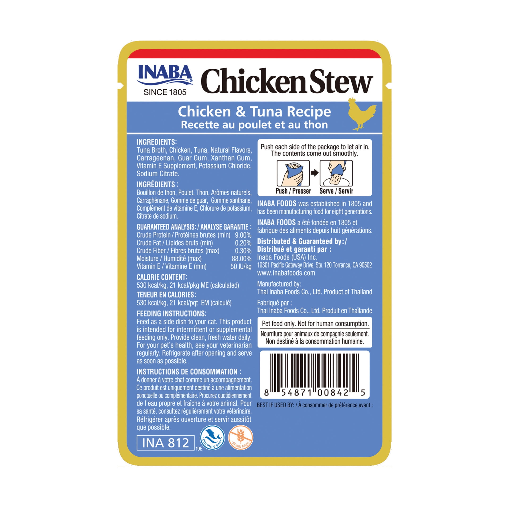 INABA Chicken Stew Complement/Topper/Treat for Cats, Eight 14 oz Pouches, Chicken & Tuna
