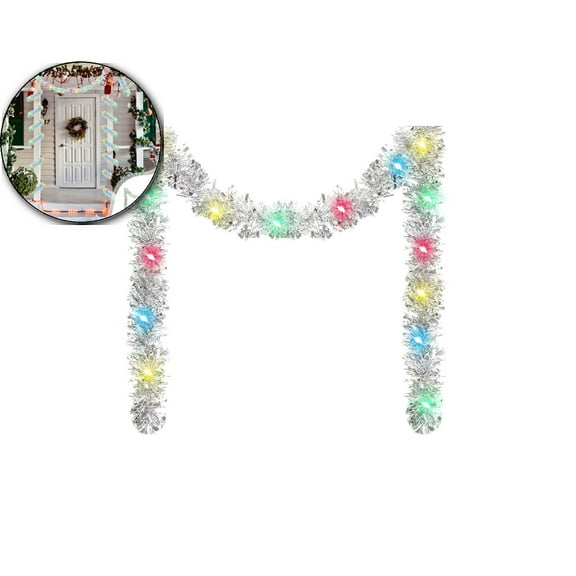 16.4 ft Christmas Tinsel Garland Lighted Metallic Twist Tree Decoration Battery Operated 50 LED Hanging Garland for Xmas New Year Home Outdoor Decor