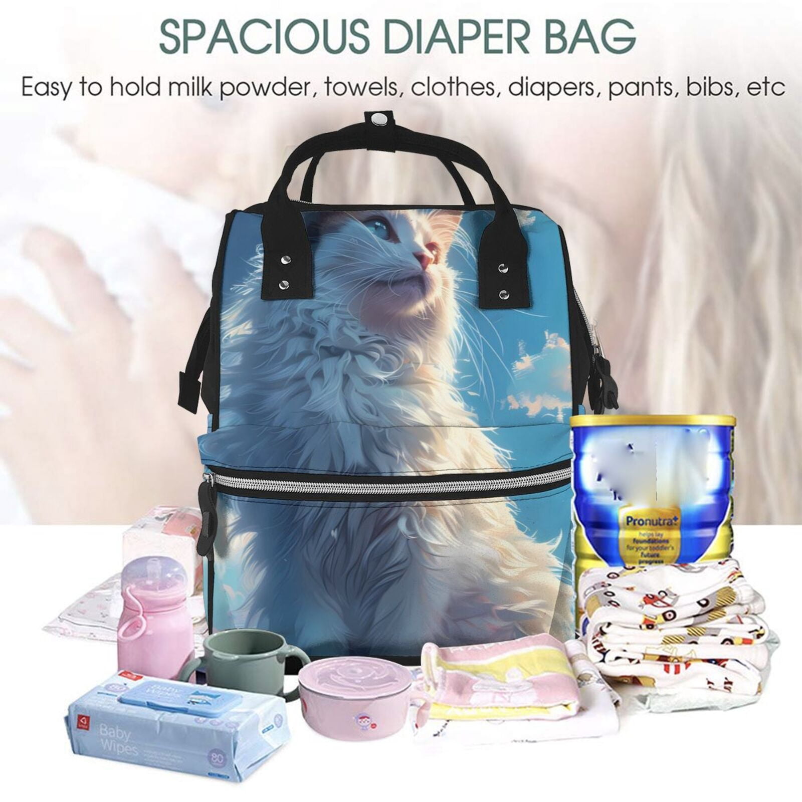 Fuzoiu Clear Sky Blue Cat Print Diaper Bag Backpack,Baby Essentials Travel Tote,Multi function Waterproof Diaper Bag, Travel Essentials Baby Bag - Unisex