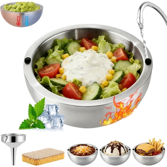 304 Stainless Steel Insulated Salad & Dipping Bowl, 35/70 Oz Cooling and Heat Preservation Serving Bowl with 2 Water Injection Holes, Frozen Ice Bowl for Picnics and Salad Making