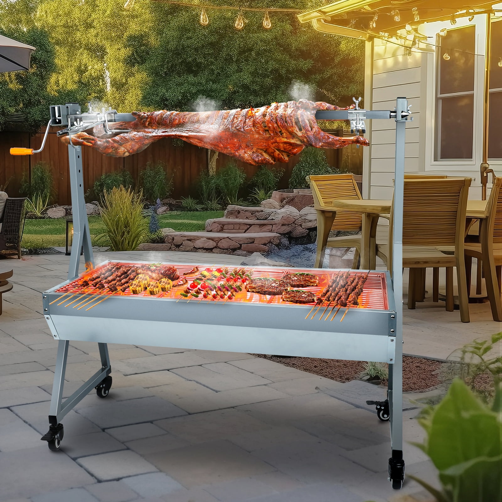 Ecojoy Rotisserie Grill Roaster, 132lbs Charcoal Grill Outdoor BBQ Grill Pig Lamb Spit Roaster with 25W Motor and Hand Crank
