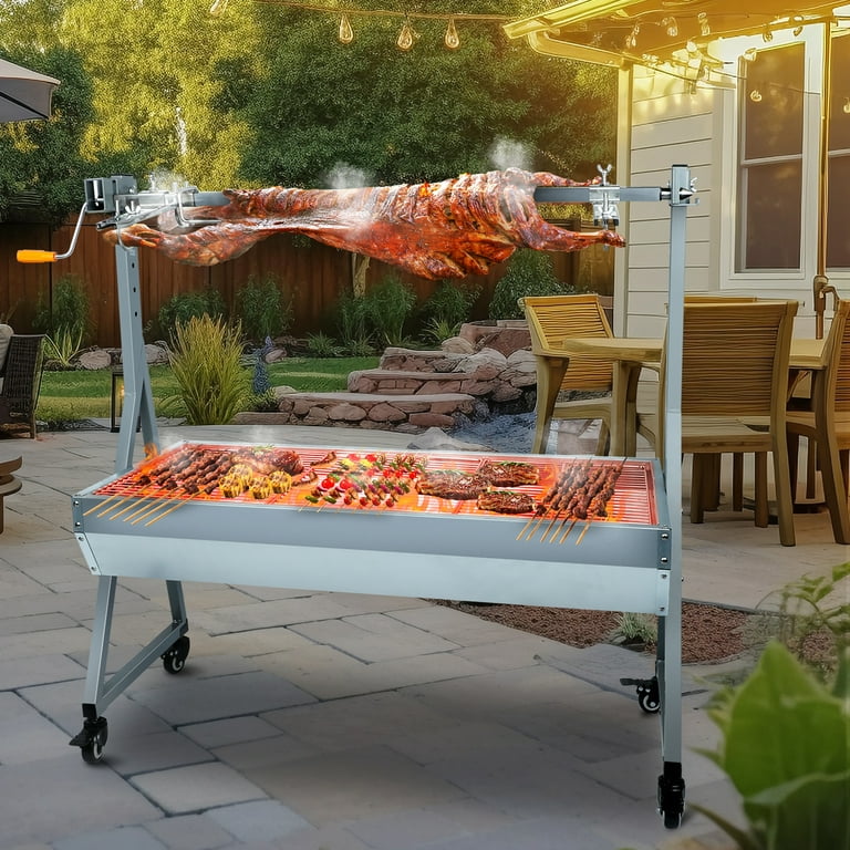 Rotisserie Grill Roaster 132lbs Charcoal Grill Outdoor BBQ Grill Pig Lamb Spit Roaster with 25W Motor and Hand Crank