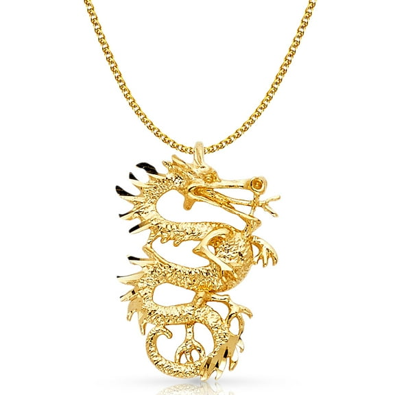 14K Yellow Gold Dragon Charm Pendant with 1.4mm Flat Open Wheat Chain Necklace