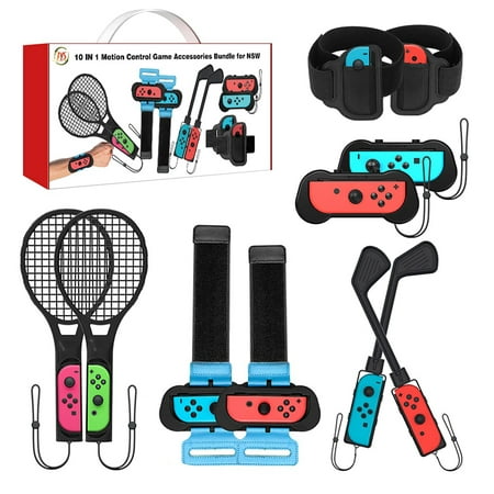 2022 Switch Sports Accessories Bundle, 10 in 1 Family Accessories Kit for Nintendo Switch & OLED Games: with Dance Bands & Leg Strap, Joycon Grip for Mario Golf, Comfort Grip Case and Tennis Rackets