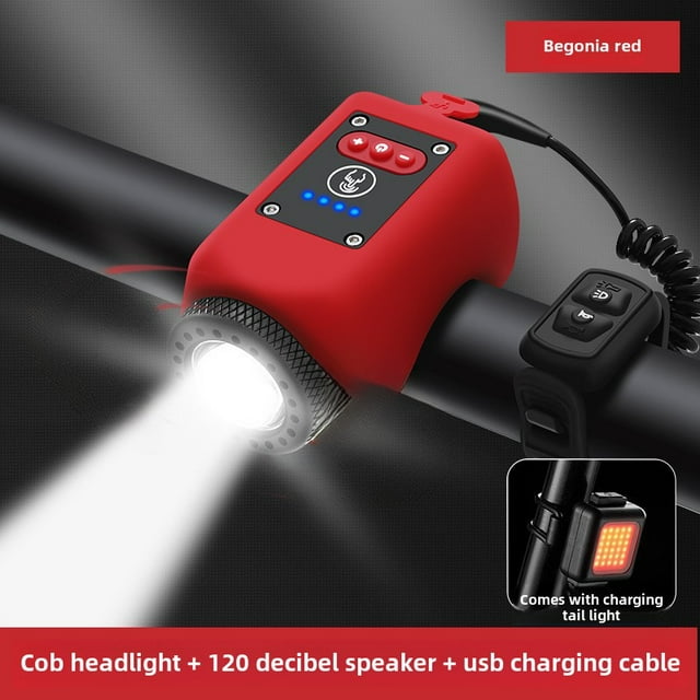 USB Rechargeable Kids' Bicycle Light Set with Bell: Waterproof Front Lamp & 30-LED Highlight Rear Light for Night Cycling, Mountain Biking - Durable, Portable Safety Gear in Begonia Red