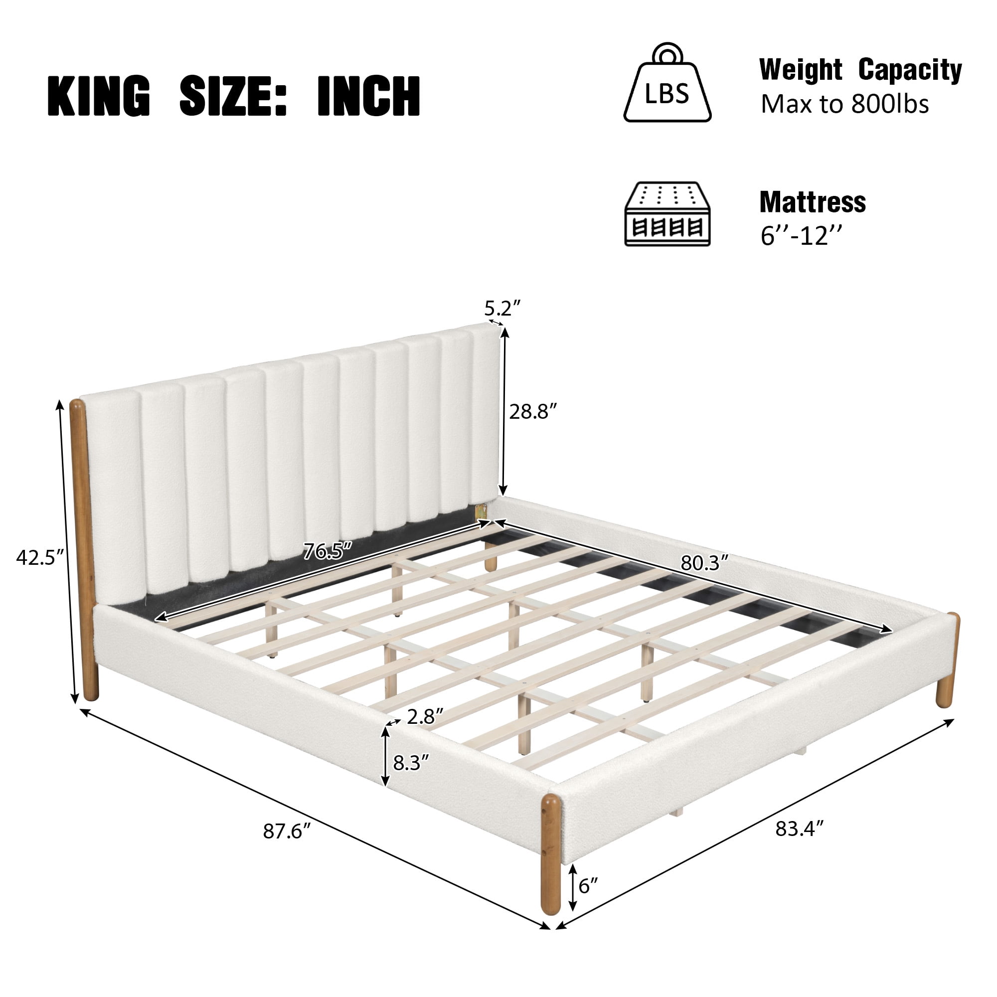 King Size Bed Frame with Boucle Upholstered Thick Headboard & Solid Wood Legs, Platform Bed with Vertical Stripes Design for Bedroom, White