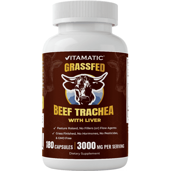 Vitamatic Grass-Fed Beef Trachea with Liver Supplement Freeze-Dried Non-GMO Pasture-Raised 180 Capsules