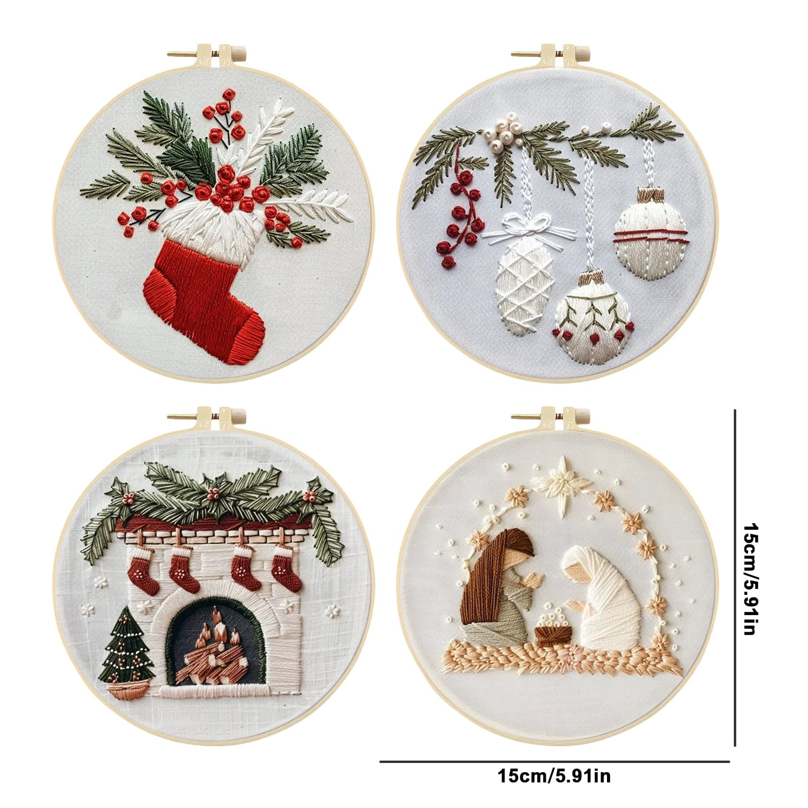 a QSTNOLOGY 4 Sets Christmas Embroidery Kits for Adults, Embroidery Kit for Beginners, Cross Stitch Kits for Beginners with Pattern, Needles, Threads, Tools (Holly+Holiday+Gnome+Nativity Manger)