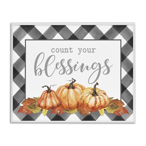 Stupell Industries Cottage Count Your Blessings Autumn Sentiment Tartan Pumpkin Pattern White Framed Giclee Art, 14 x 11, by Lettered and Lined