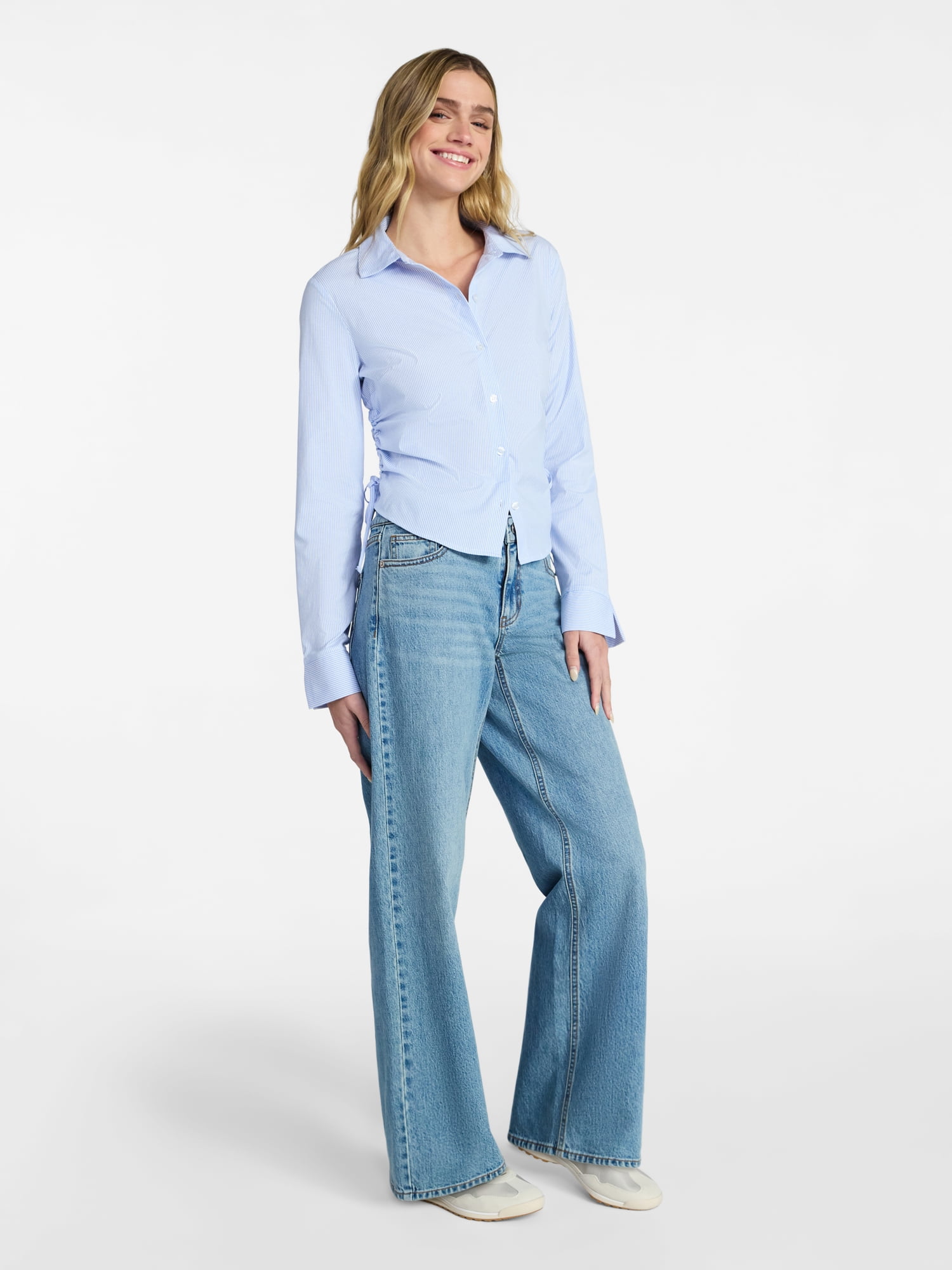 No Boundaries Side Ruched Button-Down Shirt, Women’s XXS-XXL