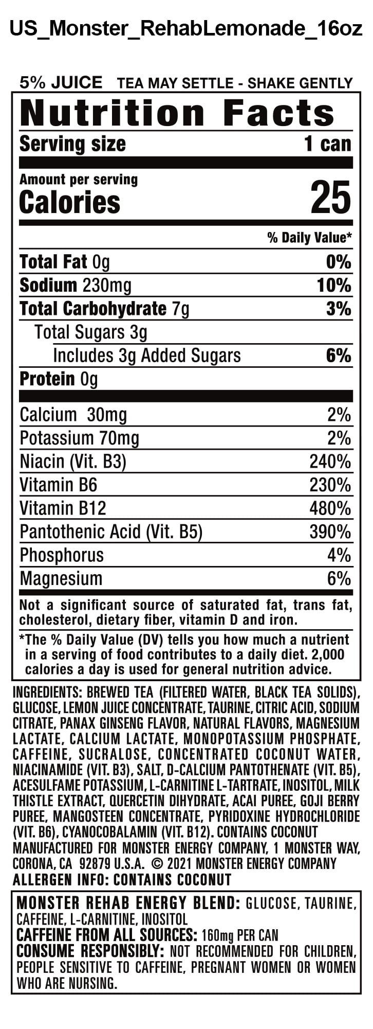 (24 Cans) Monster Rehab Lemonade, Tea + Energy, 16 fl oz