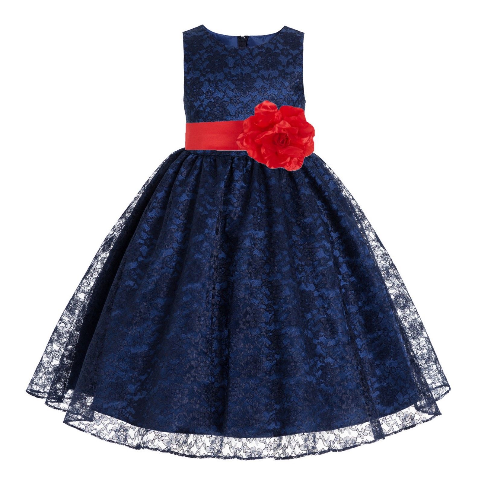 Navy Blue Floral Lace Overlay Flower Girl Dress Special Occasions 163S