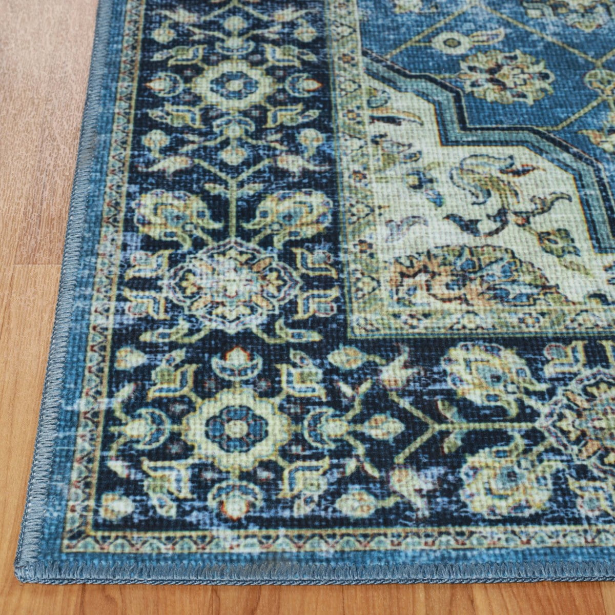 Superior Jay Medallion Bordered Washable Indoor Runner Rug, 2' 7" x 8', Blue