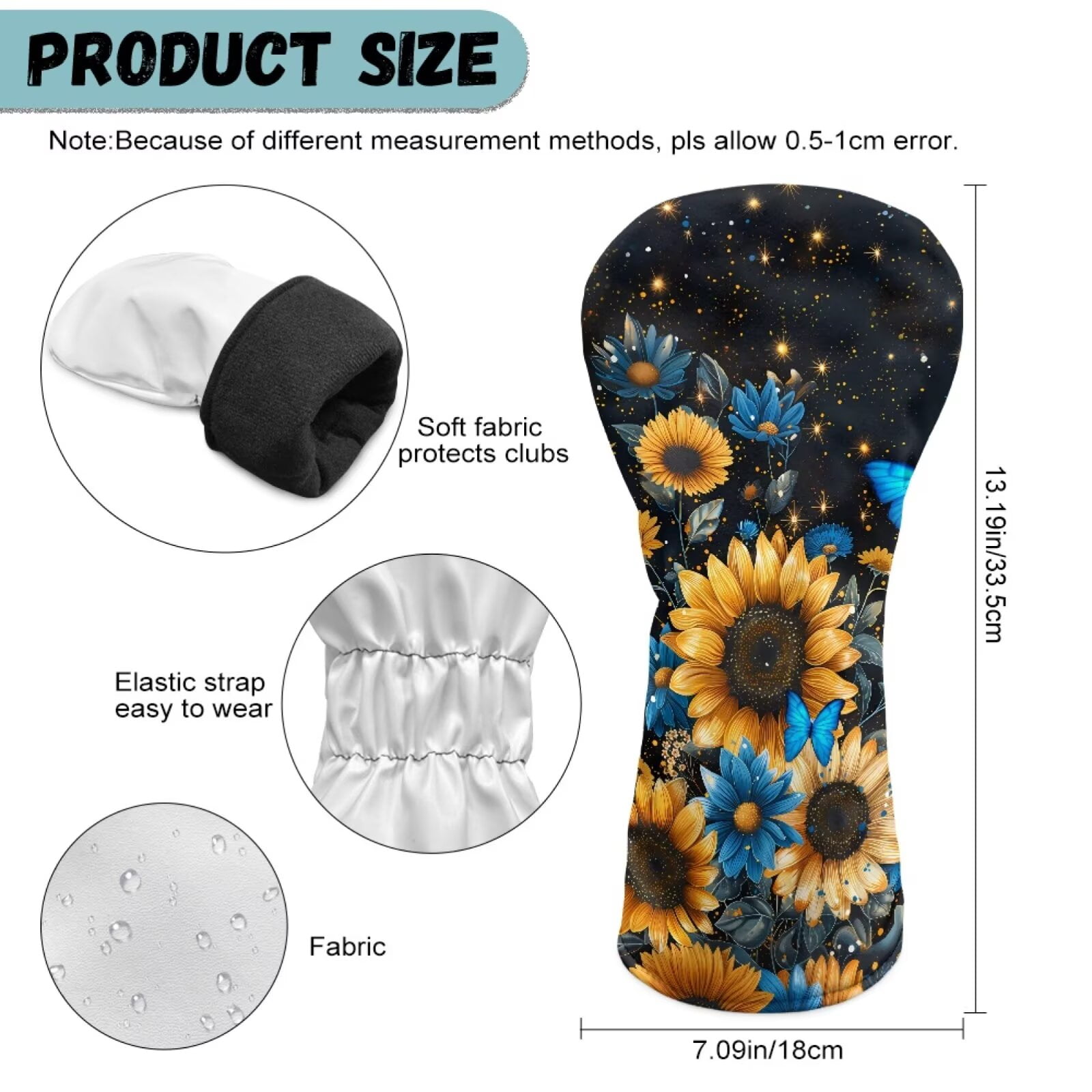 Uorisanigo Golf Headcovers Set, 3pcs Golf Club Head Covers - Sunflower Blue Butterfly Driver Headcover Fits up to 460cc Drivers, Golfs Fairway Wood Headcover and Hybrid Head Cover