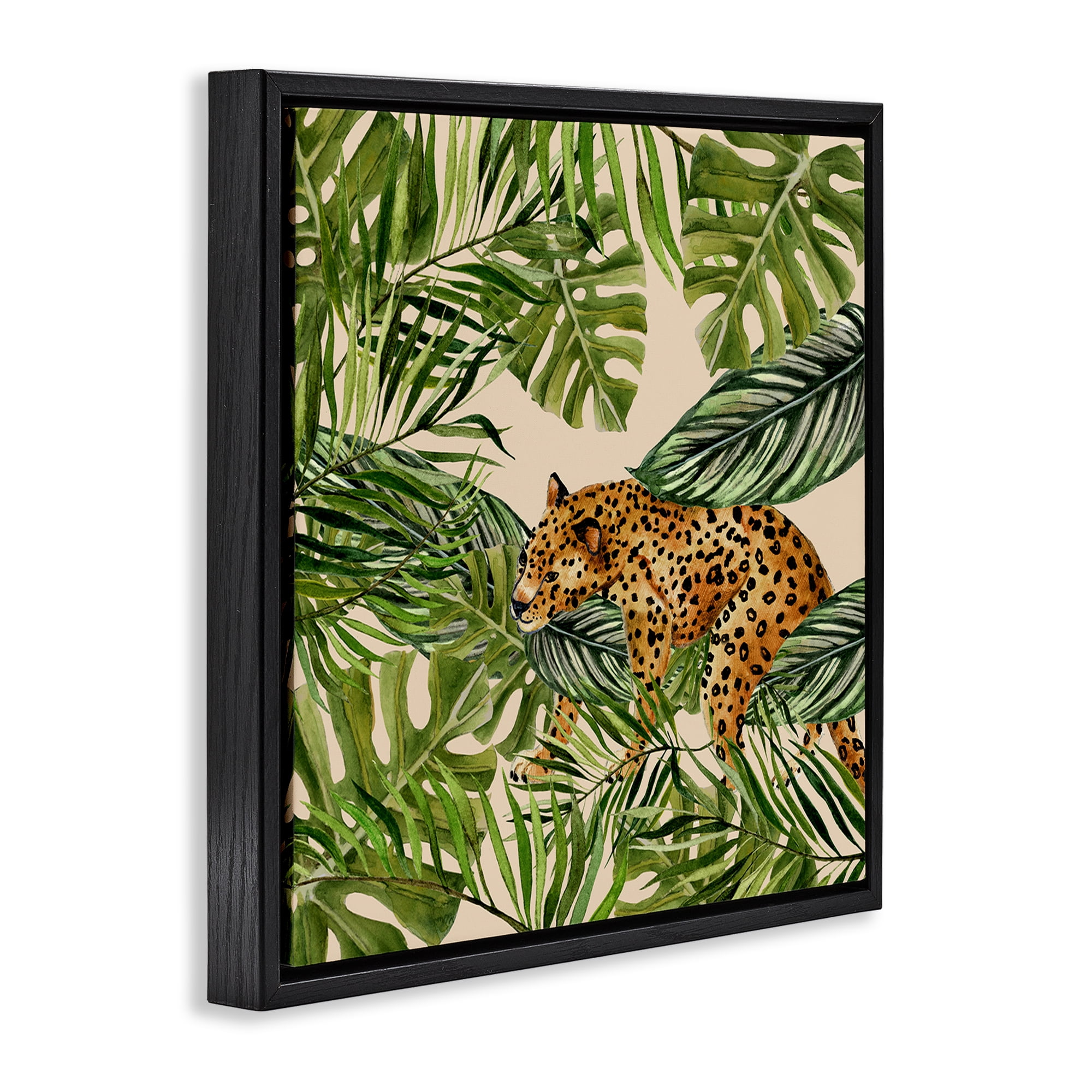 Stupell Industries Botanical Leopard on Branch Plants & Flowers Painting Black Floater Framed Canvas Art Print Wall Art, 18 x 18