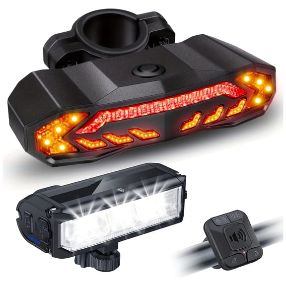 Rechargeable Bike Light Front and Rear Set for Night Riding, Bicycle Headlight and Bike Tail Light Turn Signals with Bike Alarm