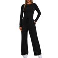 thumbnail image 6 of Women's 2 Piece Matching Lounge Set Long Sleeve Side Ruching Top Wide Leg Drawstring Pants Set with Pockets Black L, 6 of 6