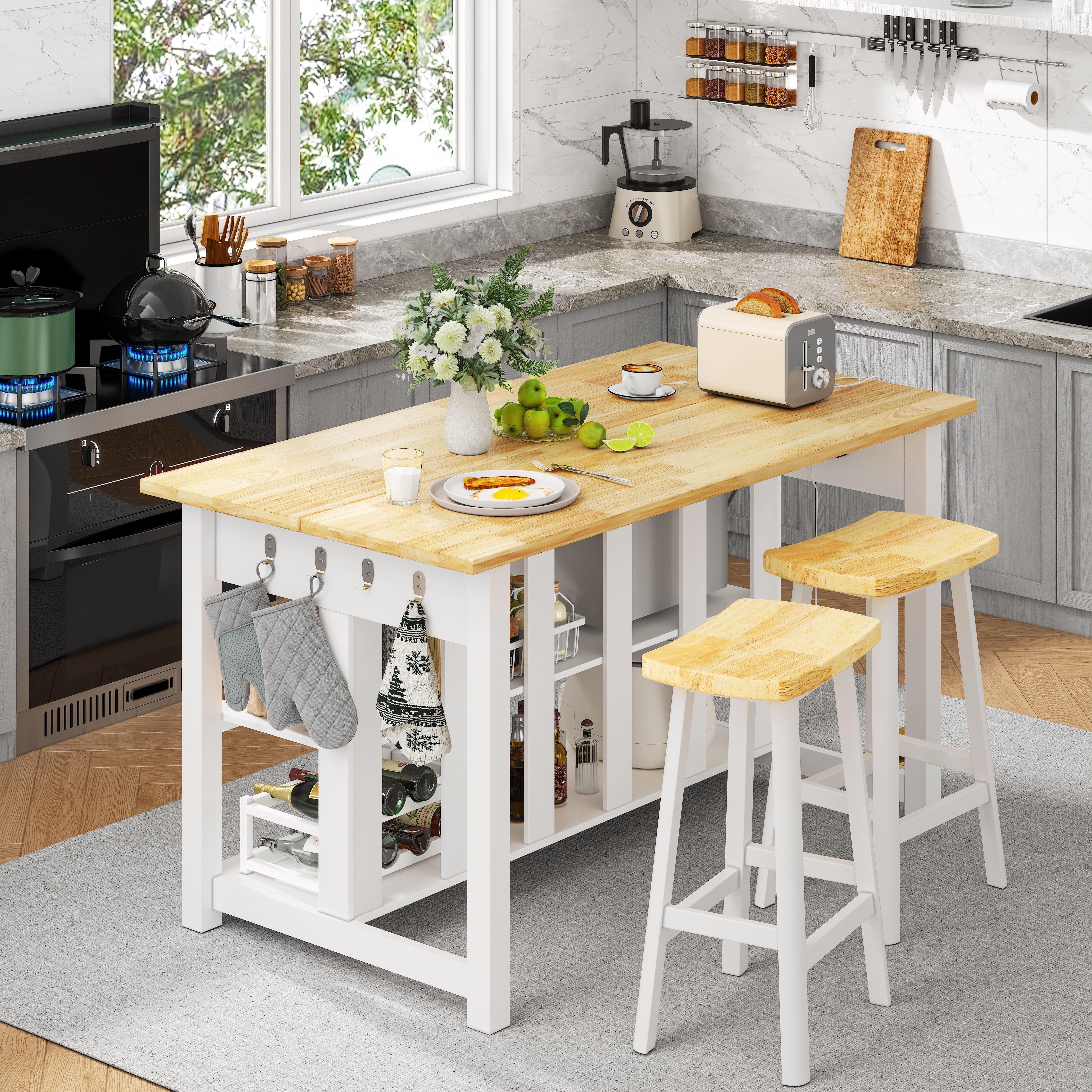 ChicZhiNest Kitchen Island with Storage, 47.3" Solid Rubberwood Top Kitchen Island with Power Outlet and 6 Hooks, White