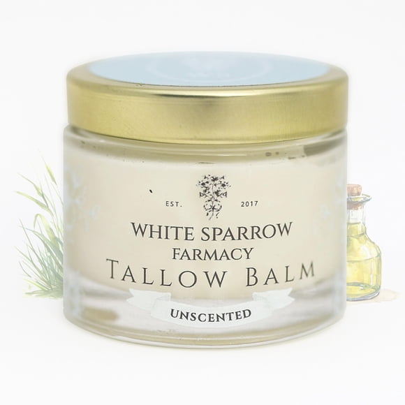 Bálsamo de sebo orgánico alimentado con pasto de White Sparrow Farmacy - Sebo orgánico (sin perfume) de vacas alimentadas con pasto y todos los ingredientes orgánicos. Para rostro y cuerpo. (2,0 onzas