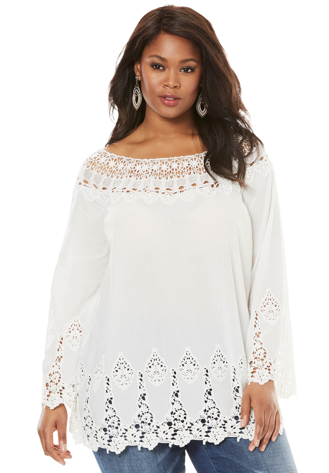 Bell-Sleeve Embroidered Lace Tunic 