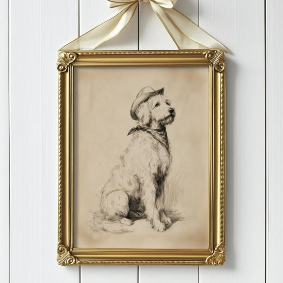 Miluva Cowboy Goldendoodle Wall Art, Cute Western Doodle Dog Printable, Neutral Vintage Sketch Pet Art, Rustic Ranch Decor, Country Farmhouse Print Decor For Living Room Bedroom, 8x12 UNFRAMED