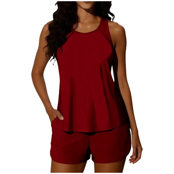 Stamzod Womens Swimsuits Tankini Tummy Control Bathing Suits Two Piece Sporty Tank Top with Boy Shorts Swimwear 2026 Red B XXL