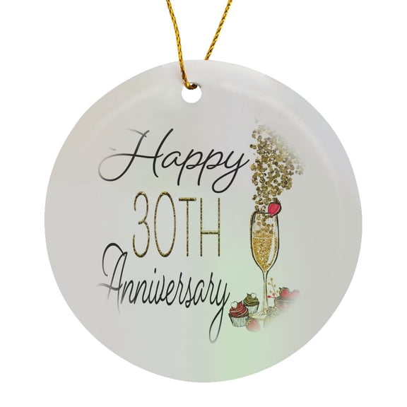 3drose, Happy 30th Anniversary Glass of Champagne and Sweets, Circle Porcelain Ornament