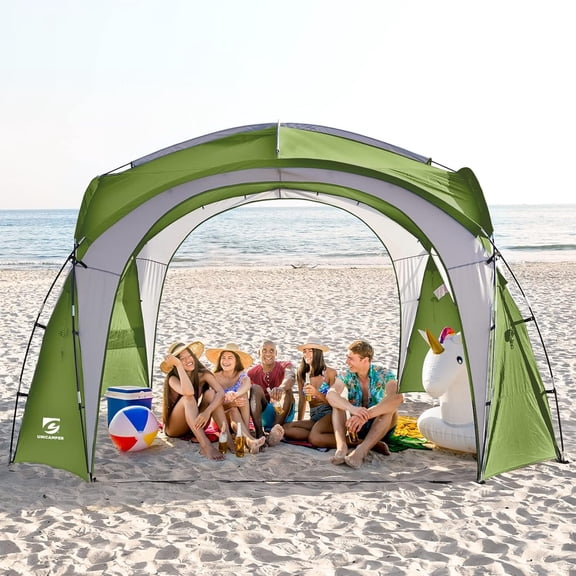 UNP Easy Beach Tent 12 X 12ft Pop Up Canopy UPF50 Tent with Side Wall, Ground Pegs, and Stability Poles, Sun Shelter Rainproof, Waterproof for Camping Trips, Backyard Fun, Party Or Picnics (Green)