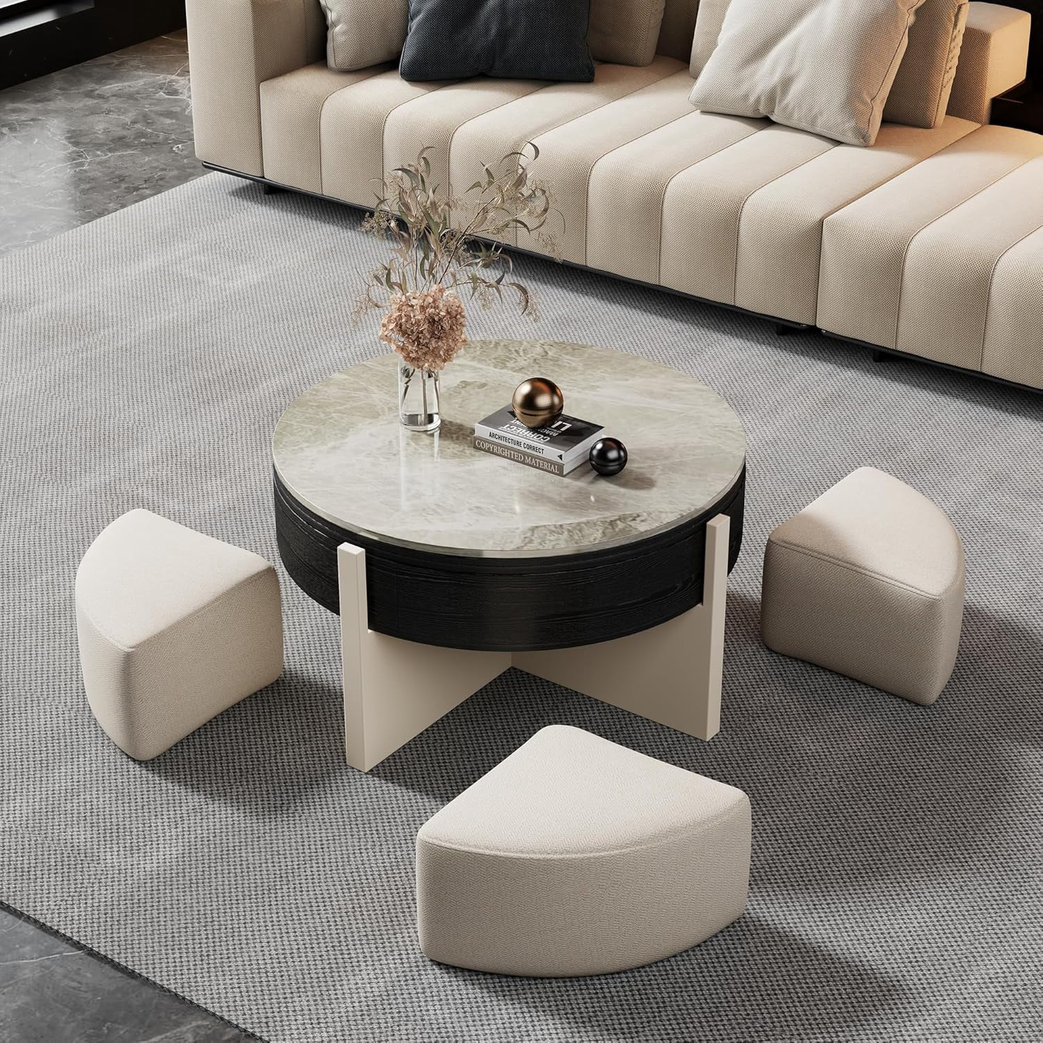 Modern Lift Top Coffee Table for Living Room, 31.5" Round Coffee Table with Storage Drawer, Lift Coffee Table with Stools, Wood Coffee Table with Sintered Stone Top