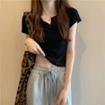 thumbnail image 1 of Women's Solid Color Fashionable Casual V-neck Crop Exposed Short Sleeved Top, 1 of 9