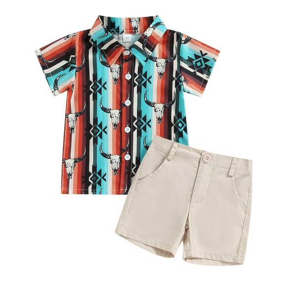 Elippeo 2Pcs Toddler Boys Summer Outfits 1-6 Years Short Sleeve Graphic Print Button Down Shirt   Shorts Set