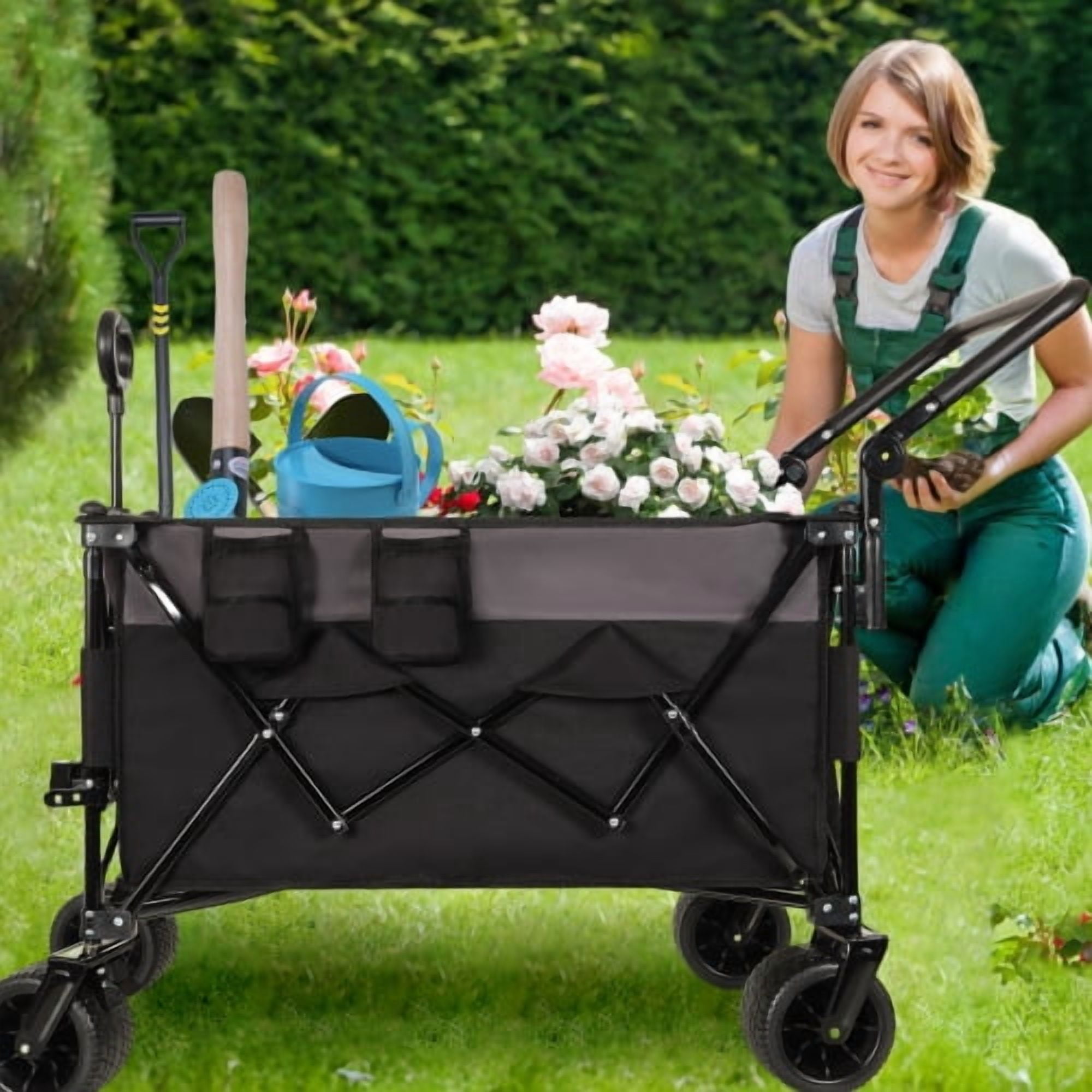 Multi-Functional Push-Pull Folding Wagon Cart with Rotating Handle & 360° All-Terrain Wheels – Heavy-Duty, Adjustable Design, Large Capacity for Transport, Groceries, and Outdoor Use, Khaki- Gray