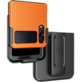 thumbnail image 1 of Case with Clip for Galaxy Z Flip 4 5G, Nakedcellphone [Grid Texture] Slim Hard Shell Cover and [Rotating/Ratchet] Belt Hip Holster Combo for Samsung Z Flip4 Phone (SM-F721U, 2022) - Bright Orange, 1 of 10