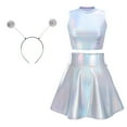 thumbnail image 2 of Women's 3Piece Metallic Outfit Shiny Crop Top + Silver Flared Skirt + Alien Headband Halloween Costume Clubwear Musical Festival Rave Outfit XXL Holographic Silver - Turtleneck, 2 of 8