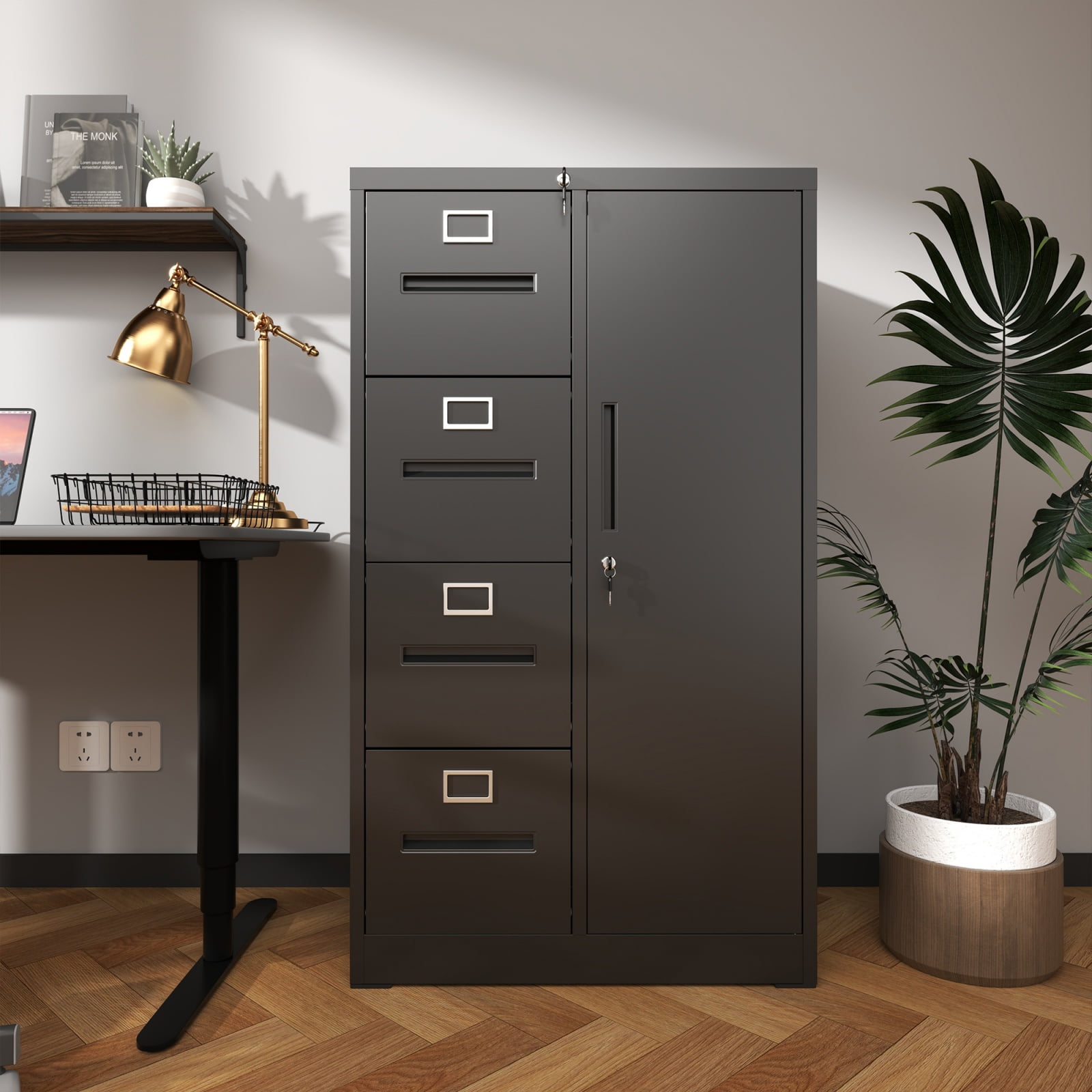 Metal Storage Vertical Filing Cabinet with Lock, Steel File Locker with 4 Drawers and 1 door for School, Living Room, Bedroom, Office