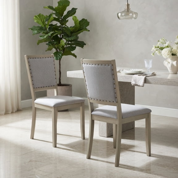 Demi Bonn Farmhouse Dining Chair Set of 2, Fabric Upholstered, Rubber Wood Frame, Kitchen Chair, Gray