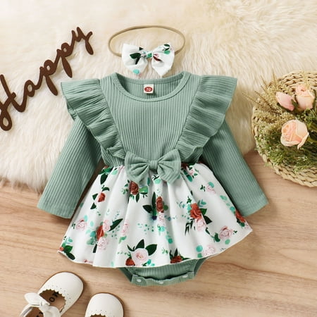 

NIUREDLTD Girls Ruffles Long Sleeve Floral Prints Bowknot Romper Bodysuits Headbands Set