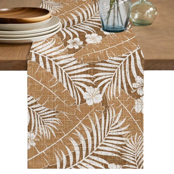 Table Runners 36 Inches Long Dress Scarves, Brown Palm Tree Farmhouse Kitchen/Dining Table Decor Table Runner, Short Coffee Tablerunners, Summer Tropical Plants Leaves Vintage Flowers 13x36 Inch