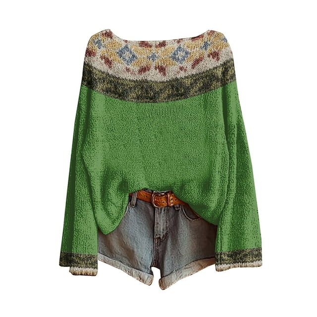 WTXUE Chandail Rétro Vintage à Imprimé Artistique pour Femmes, Blouses Légères, Hauts Boho Décontractés, Chandail Tricoté à Imprimé Léopard, Chandails à Manches Longues, Col Rond, Chandail Bohème Vert P