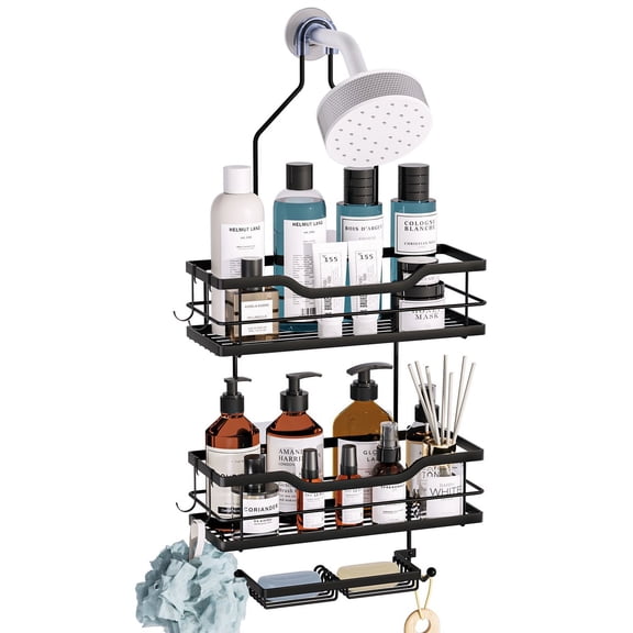 LEFEE Shower Caddy over Shower Head, Rustproof & Waterproof Shower Shelf with 4 Movable Hooks, No Drilling Black Shower Rack Hanging for Bathroom,2-Shelves,Steel