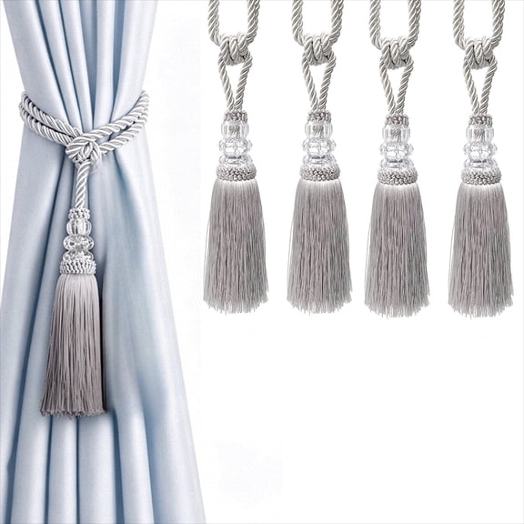 4 Pack Tassel Curtain Tieback, Crystal Hanging Ball Decorative Rope, Silver Fringe Curtain Holder for Bedroom Living Room Window Decoration