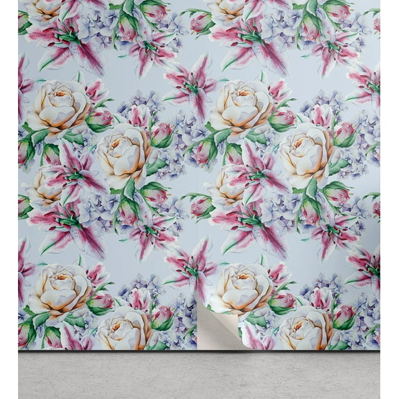 Ambesonne Spring Peel & Stick Wallpaper for Home, Flowers Retro Watercolor Art, 13"x36", Fern Green Pale Rust