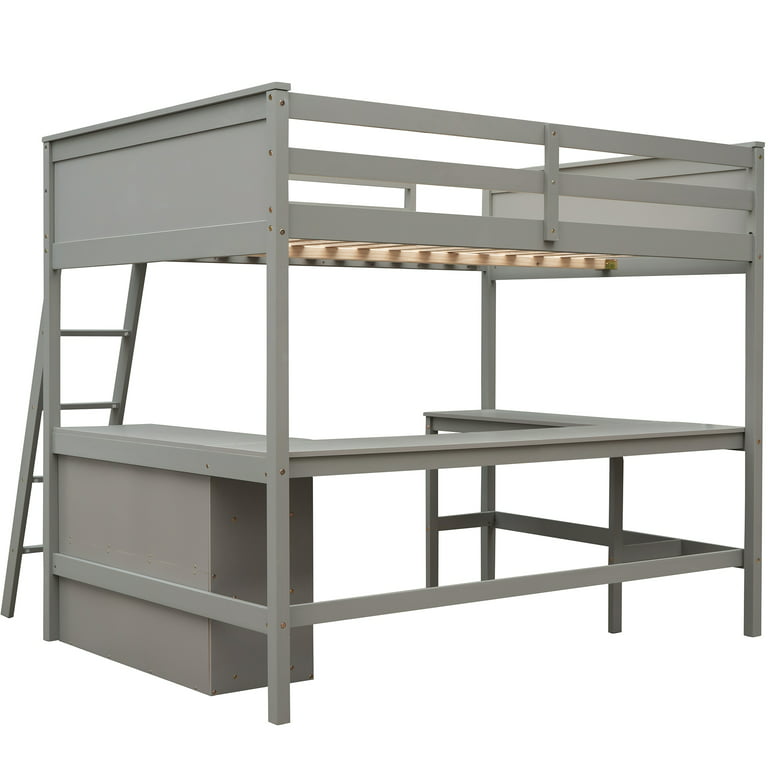 Full Size Loft Bed with Desk and Storage, Wood Loft Bed Frame with 3  Storage Shelves and Inclined Ladder, Space Saving Wood Loft Bed with Full- length Guardrails for Kids Adults Bedroom Dorm