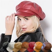 Minzimin Women's PU Leather Plain 8 Panel Octagonal Hat British Style Artist Painter Newsboy Cap