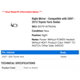 thumbnail image 2 of Right Mirror - Compatible with 2007 - 2012 Toyota Yaris Sedan 2008 2009 2010 2011, 2 of 2