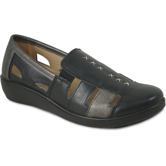 kozi Chaussures Décontractées Confortables pour Femmes, Mocassin à Enfiler à Talon Compensé OY3236 avec Bout Rond, Double Bout, Semelle Intérieure Amovible, Noir