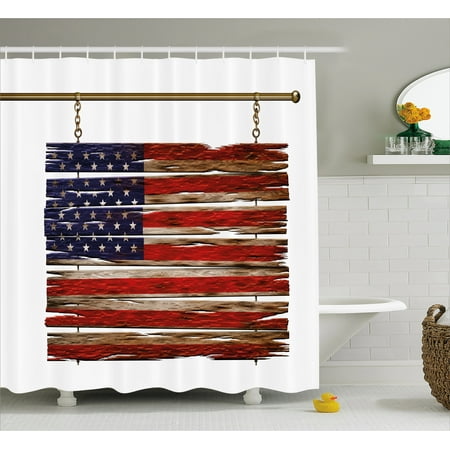 Primitive Country Shower Curtain, United States Flag Painted Wooden Planks 4th of July Design Illustration, Fabric Bathroom Set with Hooks, 69W X 75L Inches Long, Multicolor, by (Best Paint For Wooden Windows)